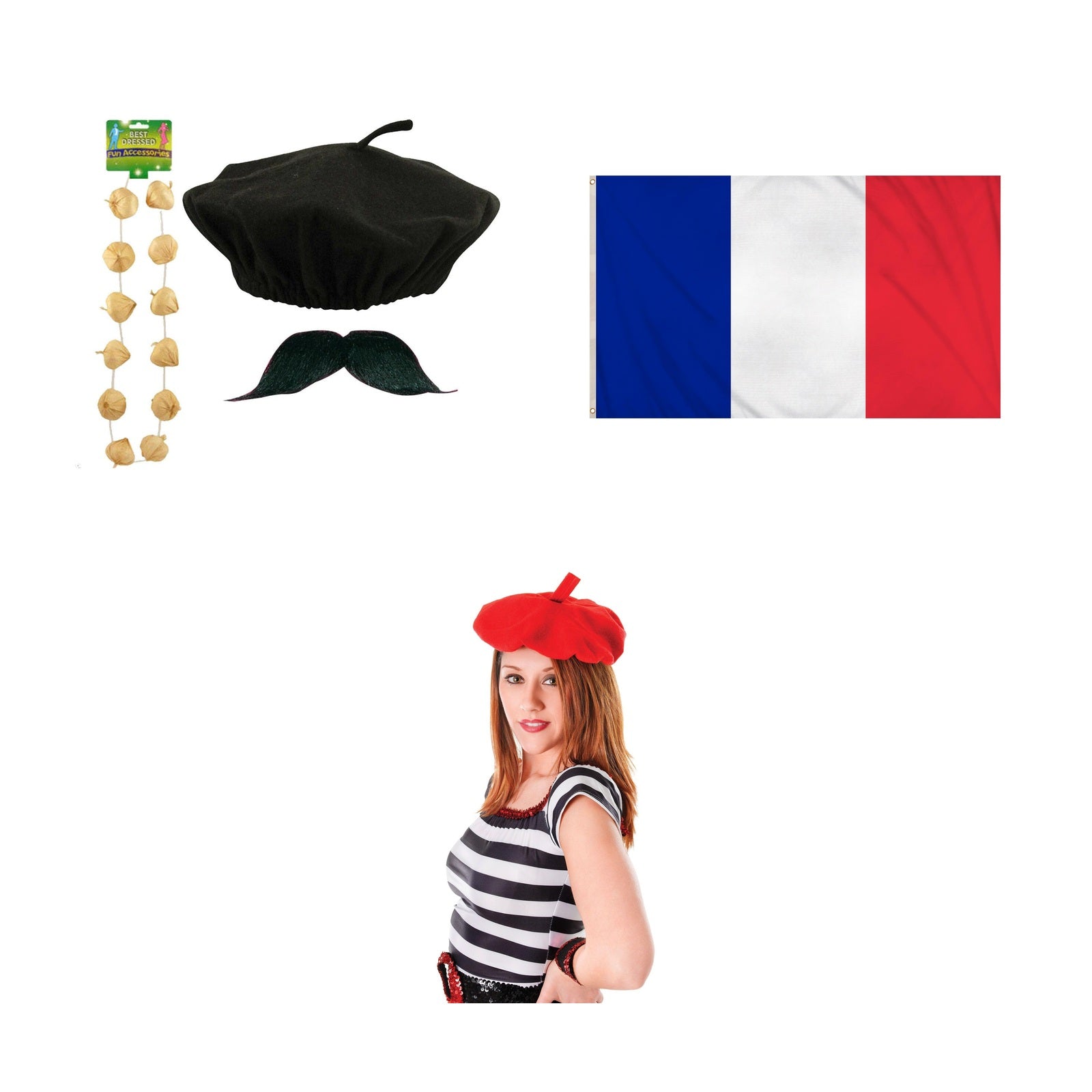 France Party Set – Red French Beret, France 5ft x 3ft National Flag, Black Beret, Garlic Garland & Moustache Set complete set on white background