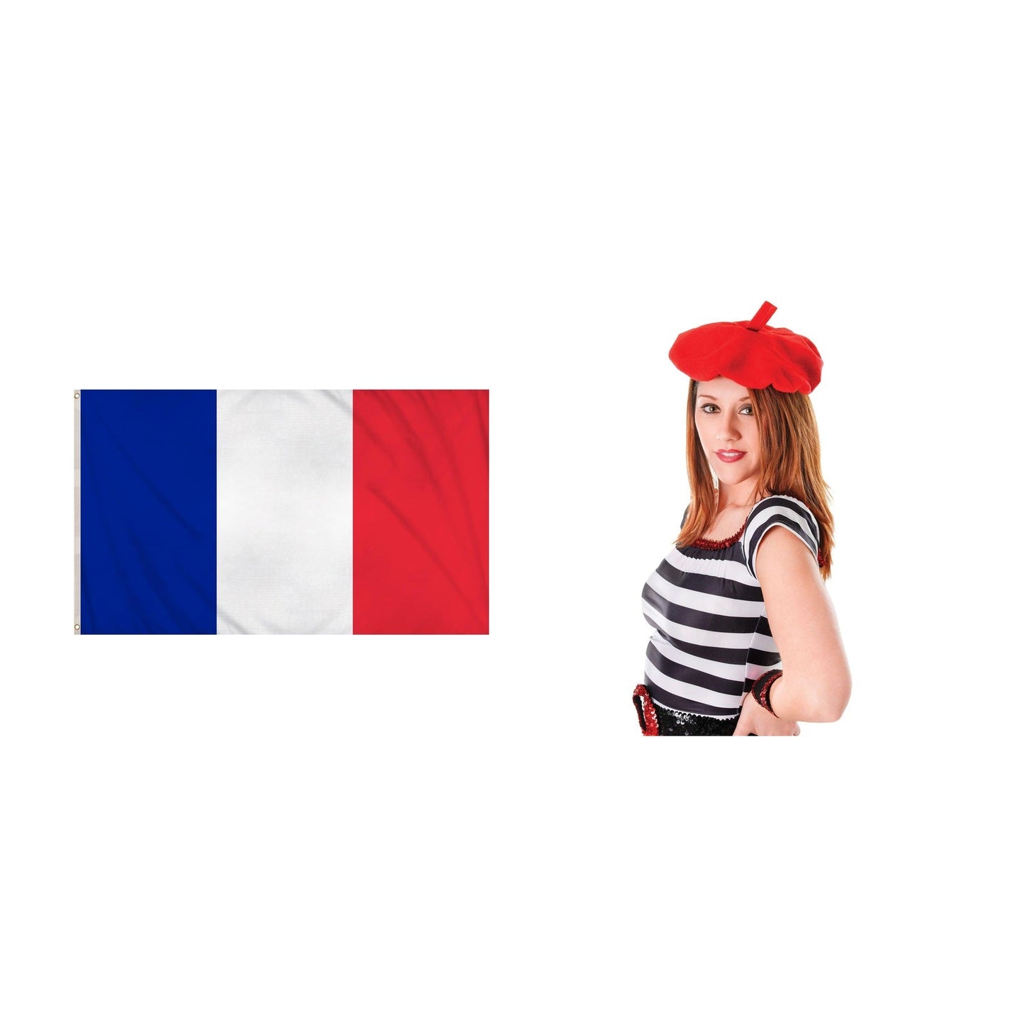 France Party Pack for 5 People – Red French Beret + France 5ft x 3ft National Flag complete set on white background