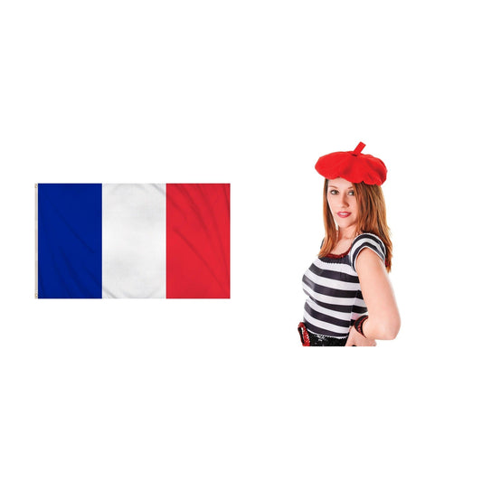 France Party Pack for 5 People – Red French Beret + France 5ft x 3ft National Flag complete set on white background