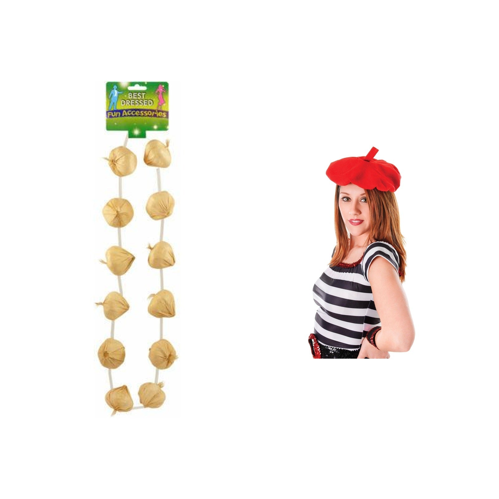 France Party Pack for 5 People – Red French Beret + French Garlic Garland Necklace complete set on white background