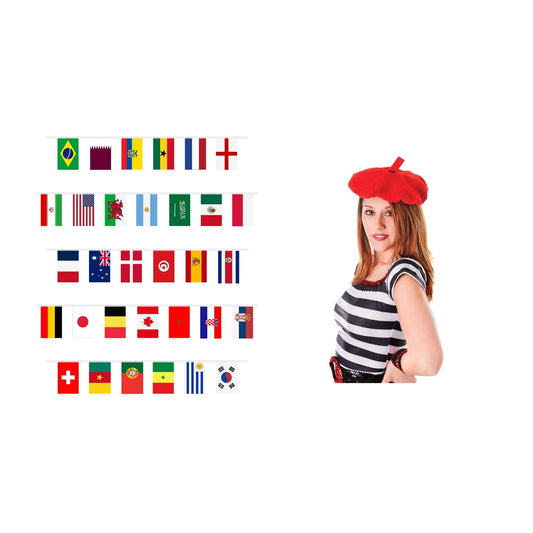 France Party Pack for 5 People – Red French Beret + World Flags 7m Bunting complete set on white background