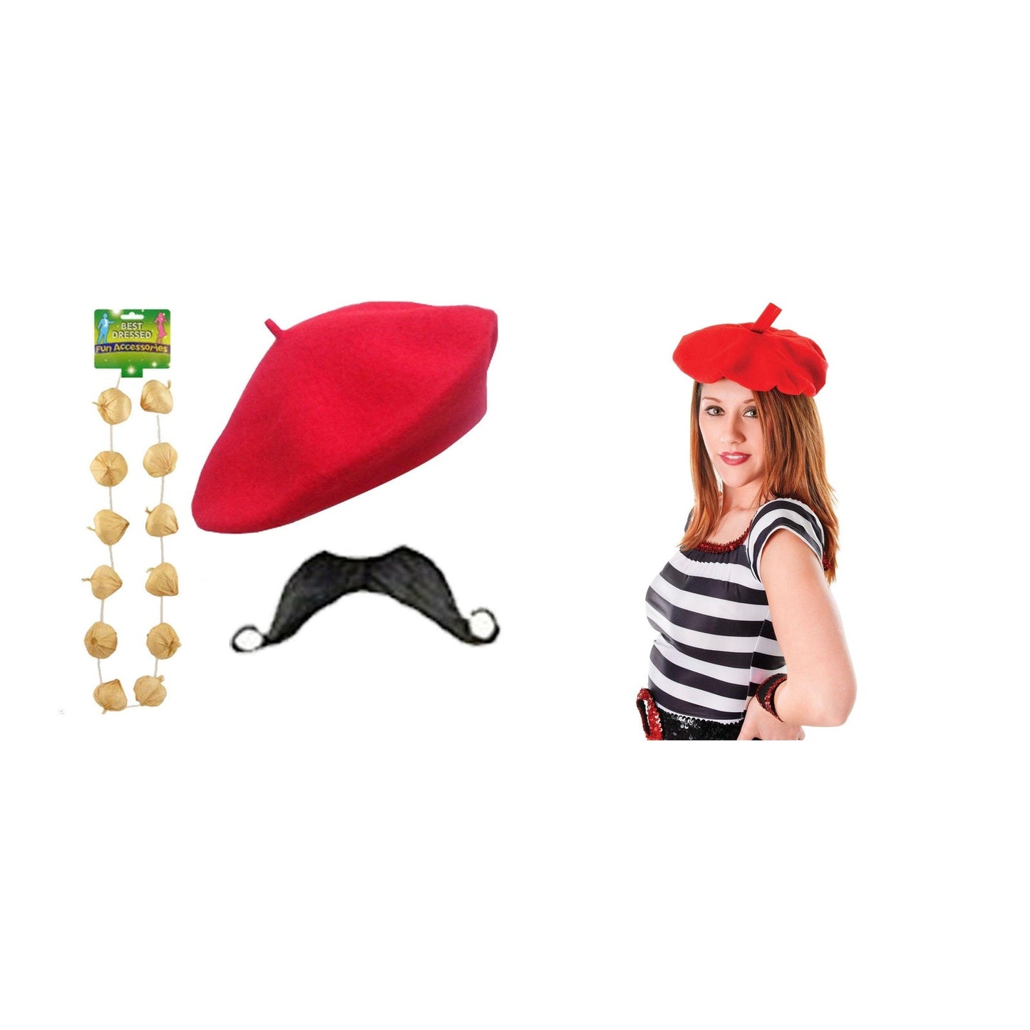 France Party Pack for 5 People – Red French Beret + Red Beret, Garlic Garland & Moustache Set complete set on white background