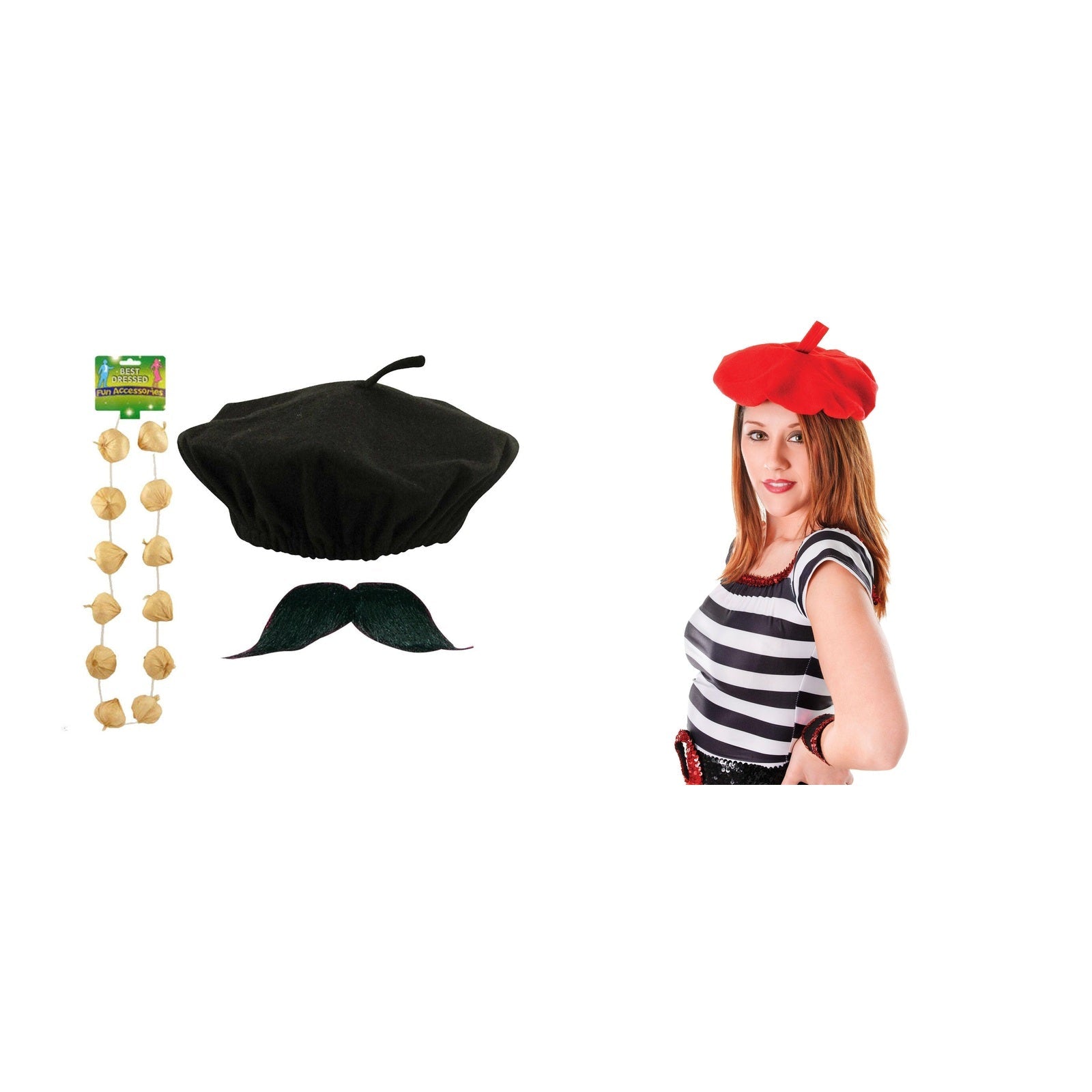 France Party Pack for 10 People – Red French Beret + Black Beret, Garlic Garland & Moustache Set complete set on white background
