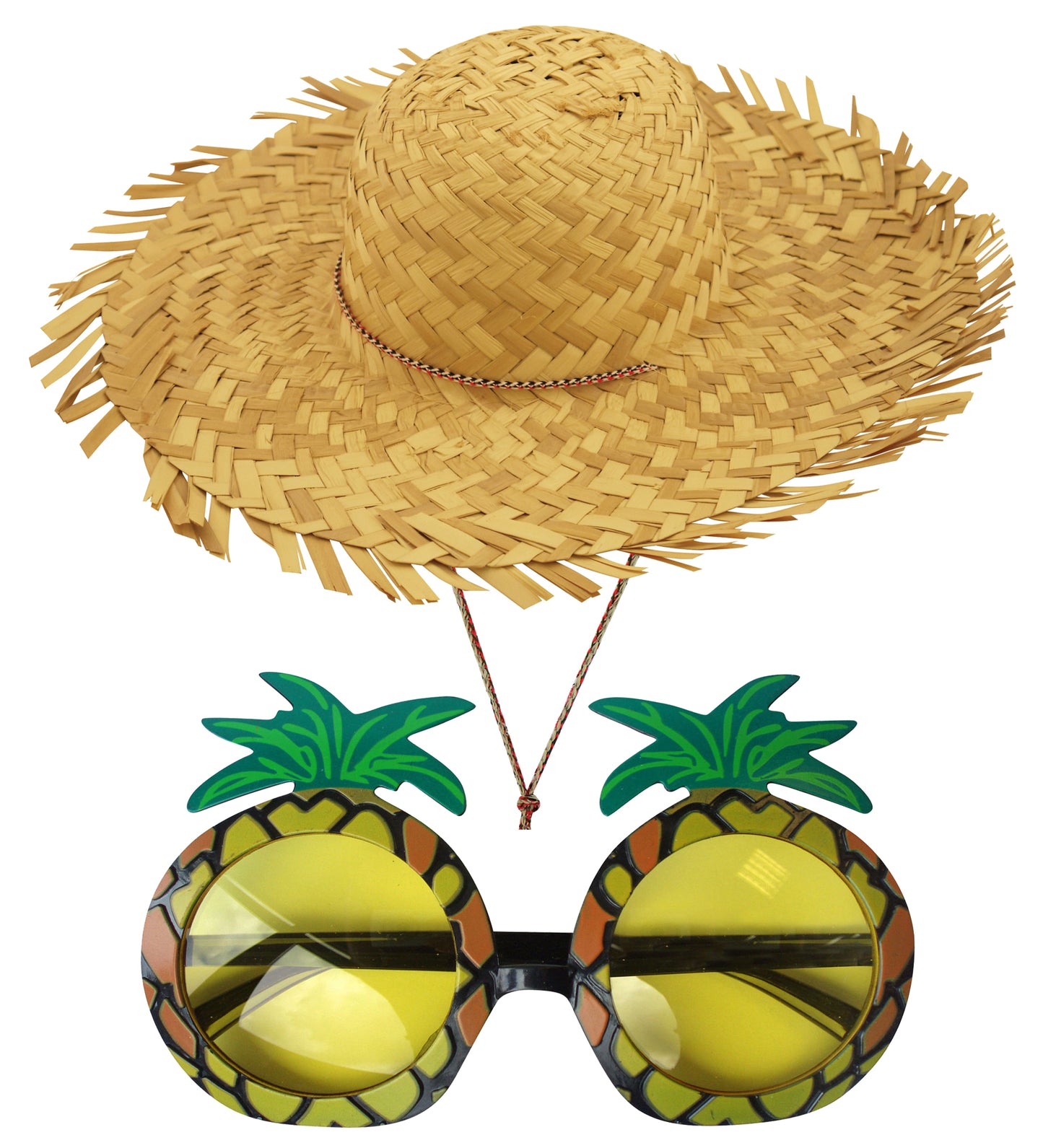 Female Straw Beachcomber Hat with String Pineapple Glasses Hawaiian Hula Party Fancy Dress Set - Labreeze Ltd