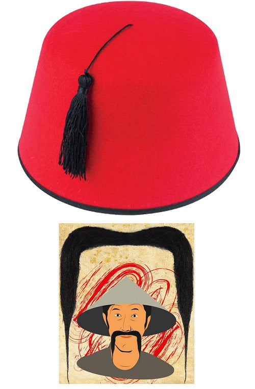 Journey to Agrabah: Aladdin Fancy Dress Kit - Red Fez Hat with Chinaman Mustache, Costume Character Set for Magical Adventures