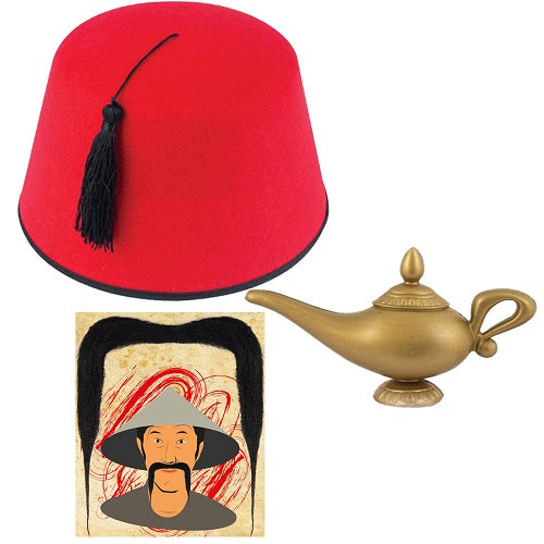 Transform into Aladdin: Fancy Dress Kit with Red Fez Hat, Tassel, Genie Lamp, and Chinaman Mustache - Perfect Party Character Set