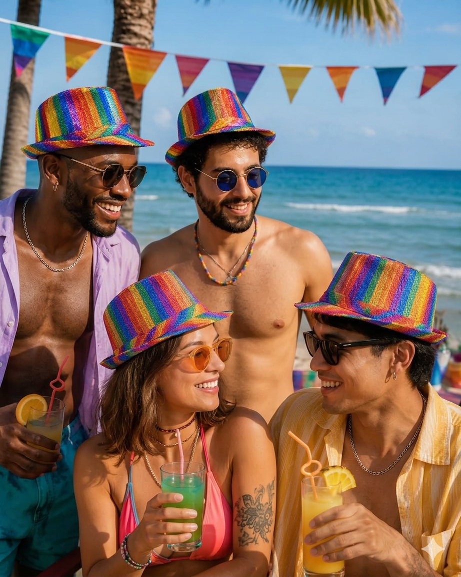 labreeze Set of 4 Rainbow Pride Metallic Tinsel Trilby Hats for Adults – Sparkly Festival Fancy Dress Hats