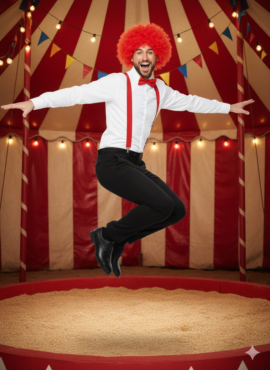 Curly Red Clown Afro Wig, Red Braces & Red Bow Tie Costume Set for Adults