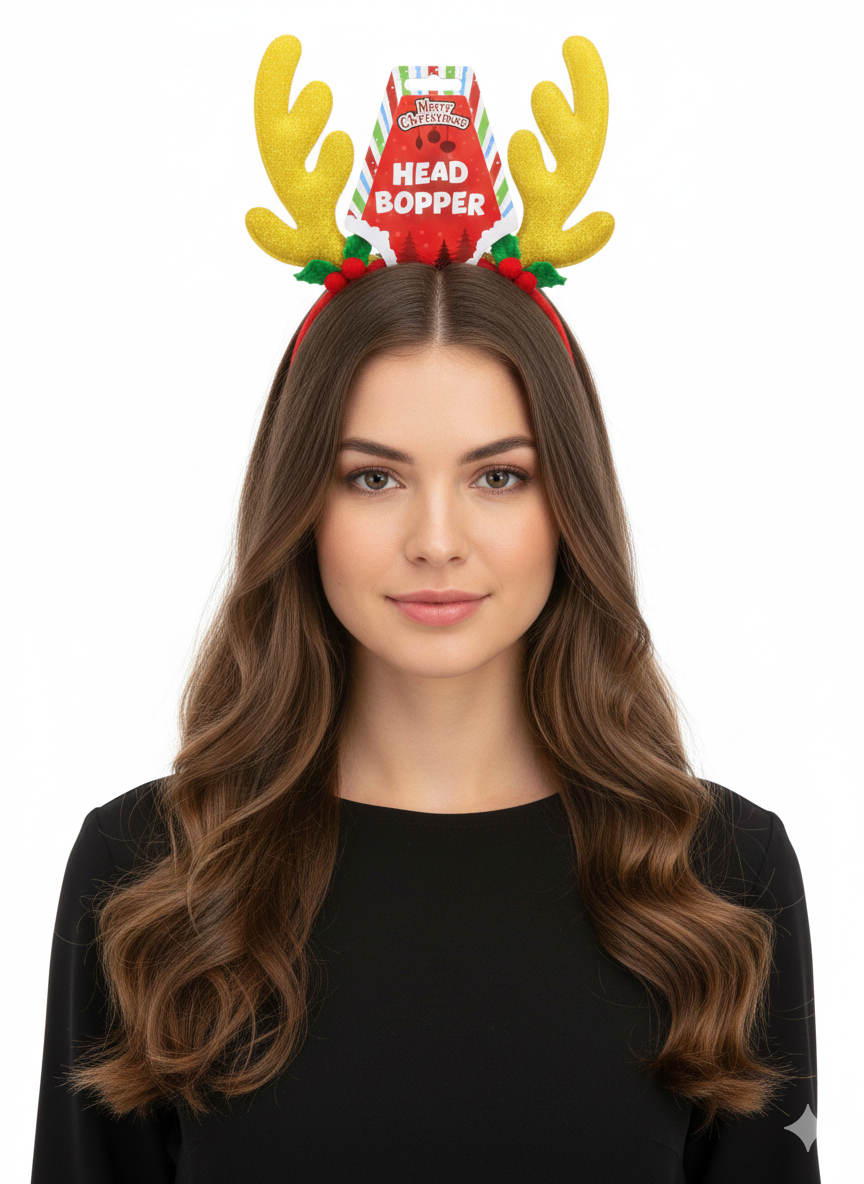 Christmas Glitter Reindeer Head Bopper – 16cm x 24cm Novelty Festive Antler Headband for Adults & Kids – 2 Assorted Designs Christmas Party Accessory
