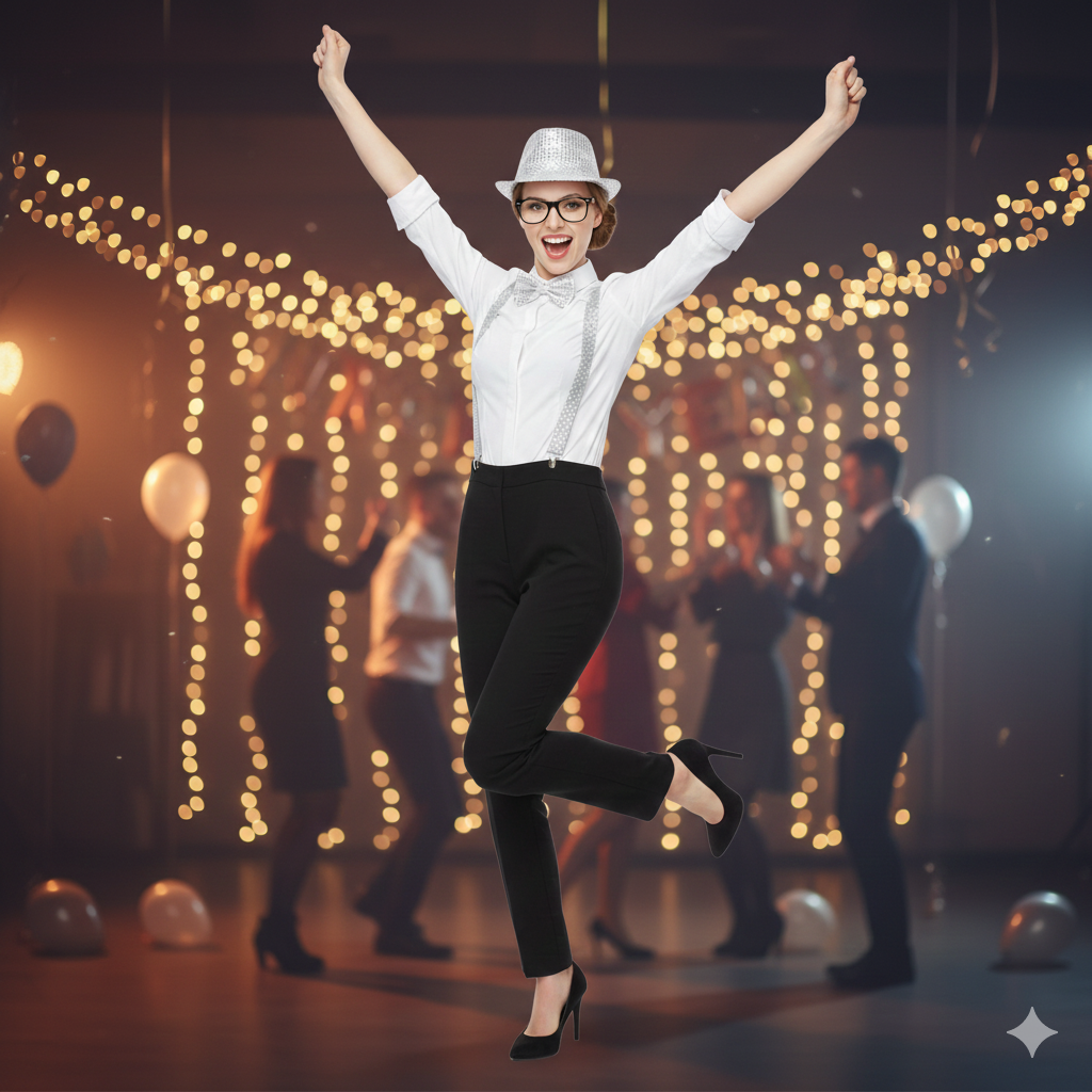 Silver New Year Party Accessory Set – Silver Suspenders, Silver Hat, Glasses & Silver Bow Tie for Adults