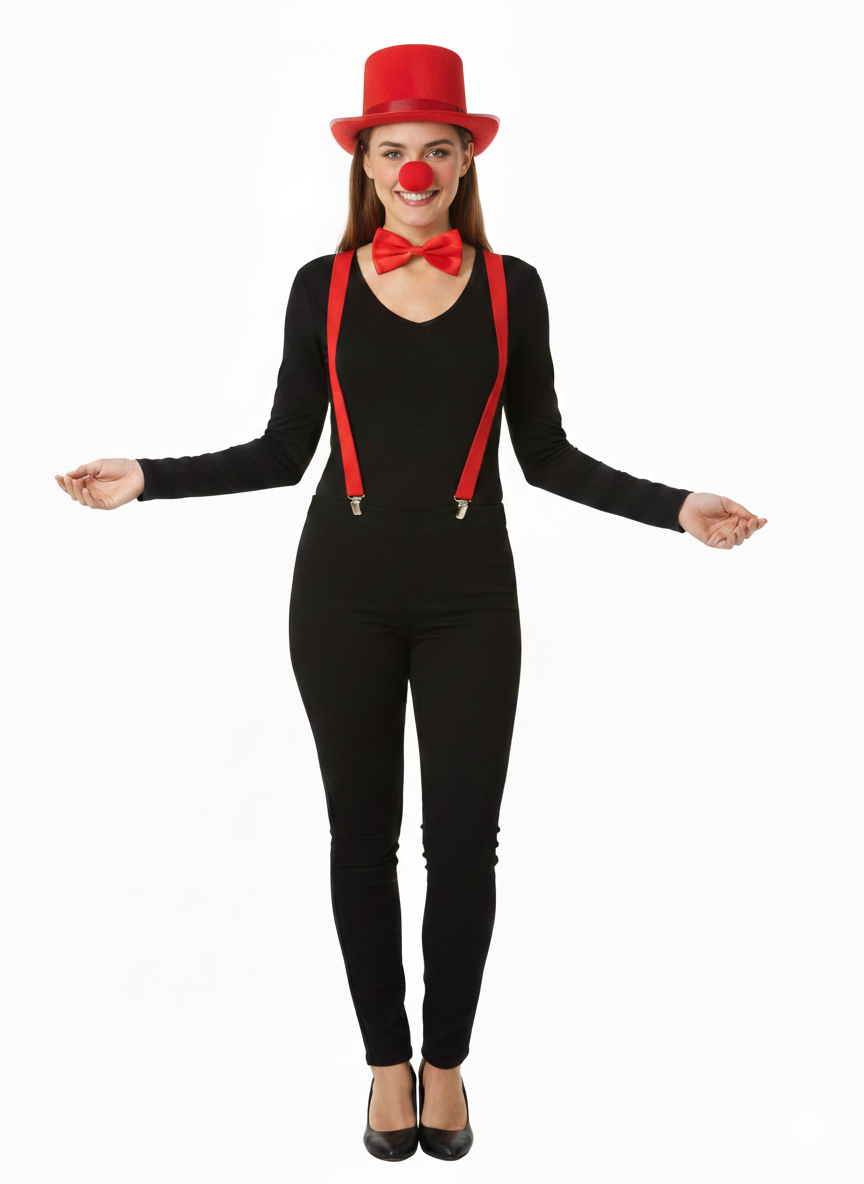 Red Nose Day Red Satin Hat, Braces, Nose & Bow Tie Costume Set