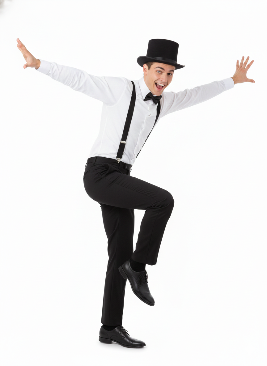 Black Bow Tie, Black Satin Top Hat & Black Braces Costume Set