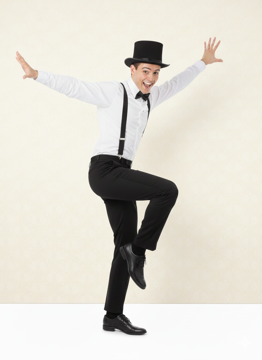 Black Bow Tie, Black Satin Top Hat & Black Braces Costume Set
