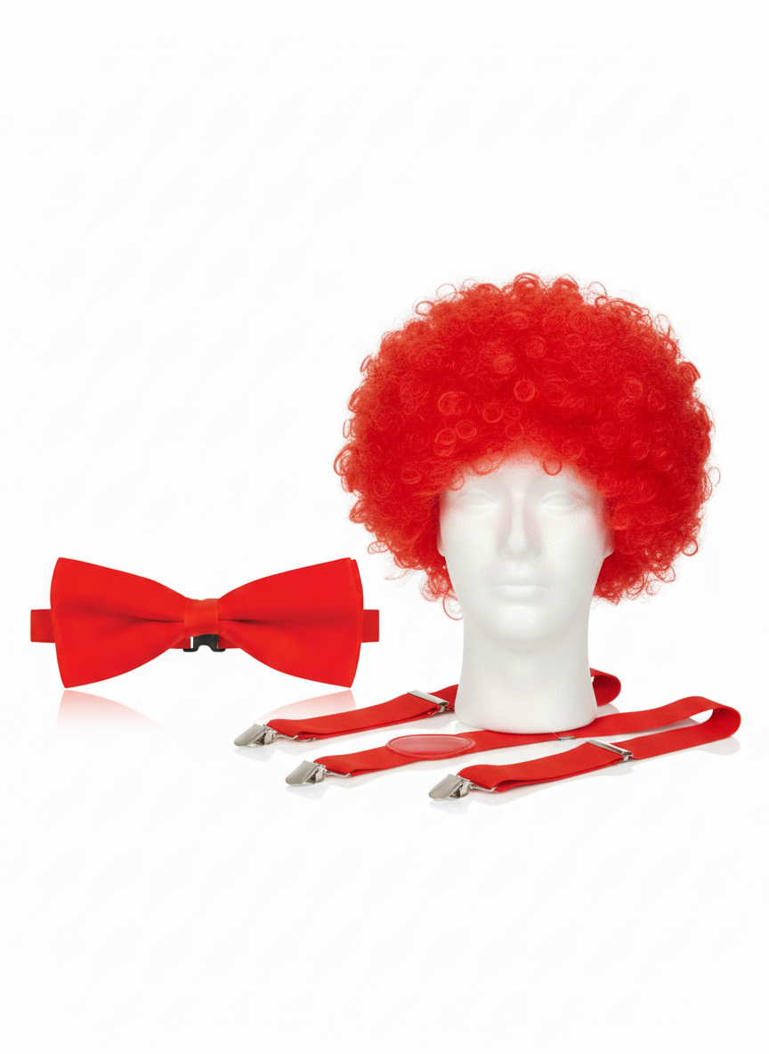 Curly Red Clown Afro Wig, Red Braces & Red Bow Tie Costume Set for Adults