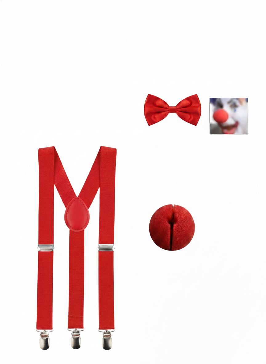 Red Nose Day Red Satin Hat, Braces, Nose & Bow Tie Costume Set