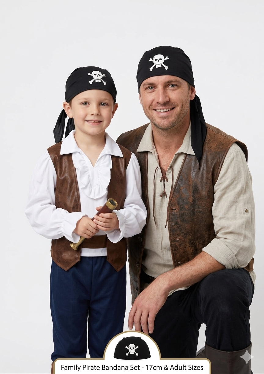 labreeze Pirate Bandana Hat Set – Adult & Children's Black Skull and Crossbones Fancy Dress Costume Accessories