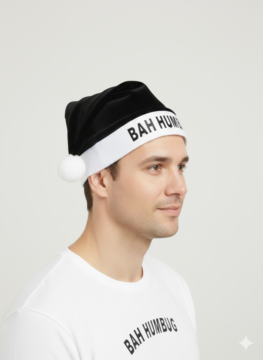 Bah Humbug Christmas Hat for Adults – Funny Novelty Festive Santa Hat – Soft Black & White Xmas Costume Accessory for Parties, Work Events, Office Dress-Up & Gifting