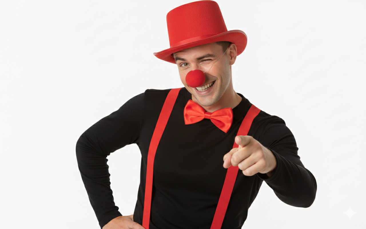Red Nose Day Red Satin Hat, Braces, Nose & Bow Tie Costume Set