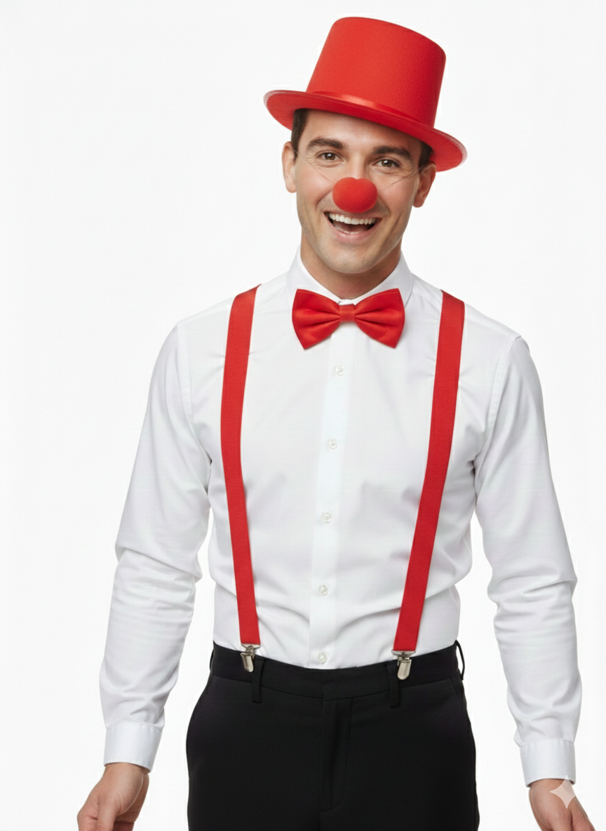 Red Nose Day Red Satin Hat, Braces, Nose & Bow Tie Costume Set