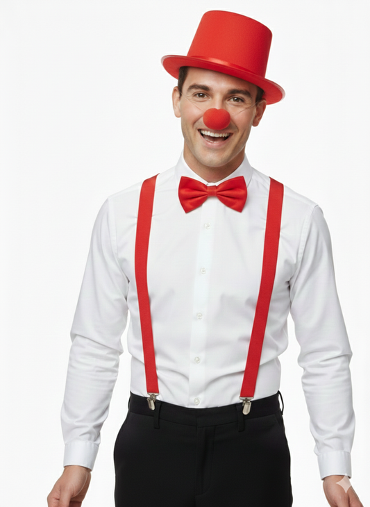 Red Nose Day Red Satin Hat, Braces, Nose & Bow Tie Costume Set