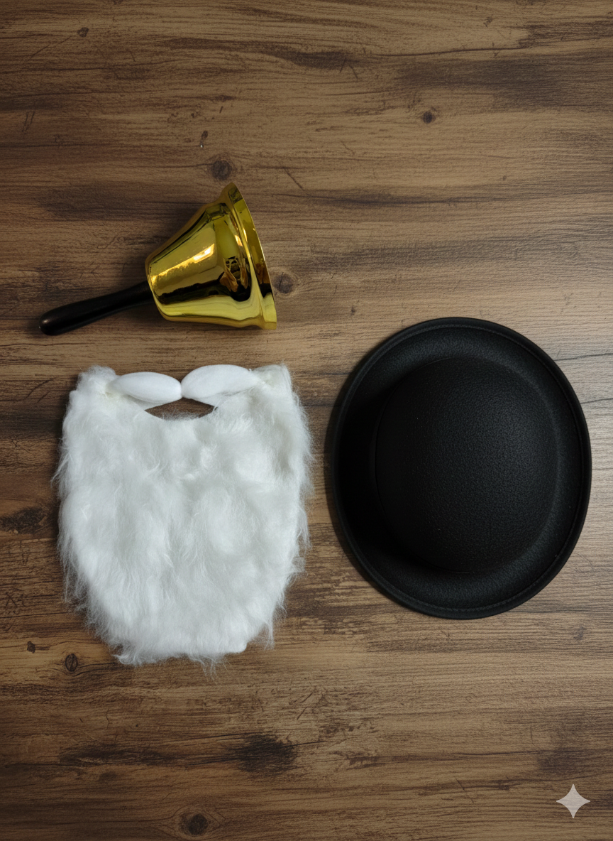 labreeze Black Velour Bowler Hat with Santa Beard & Gold Hand-Held Bell – Women’s Christmas Fancy Dress Accessory Set
