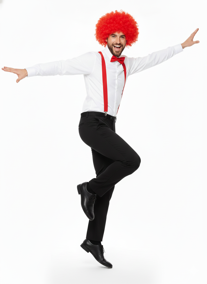Curly Red Clown Afro Wig, Red Braces & Red Bow Tie Costume Set for Adults