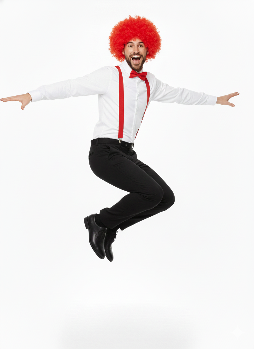 Curly Red Clown Afro Wig, Red Braces & Red Bow Tie Costume Set for Adults