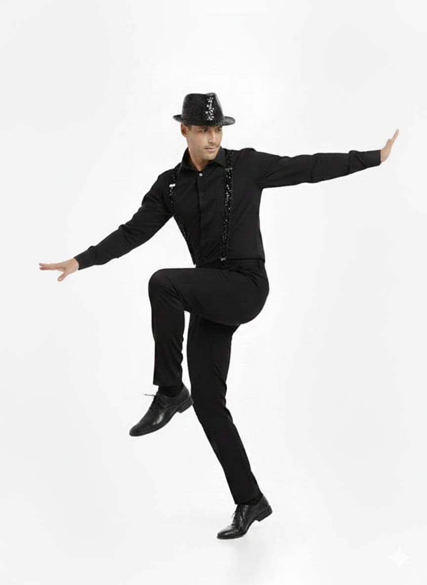 labreeze Black Sequin Gangster Hat with Matching Braces and Gold Pimp Stick – Adult Christmas Fancy Dress Accessory Set