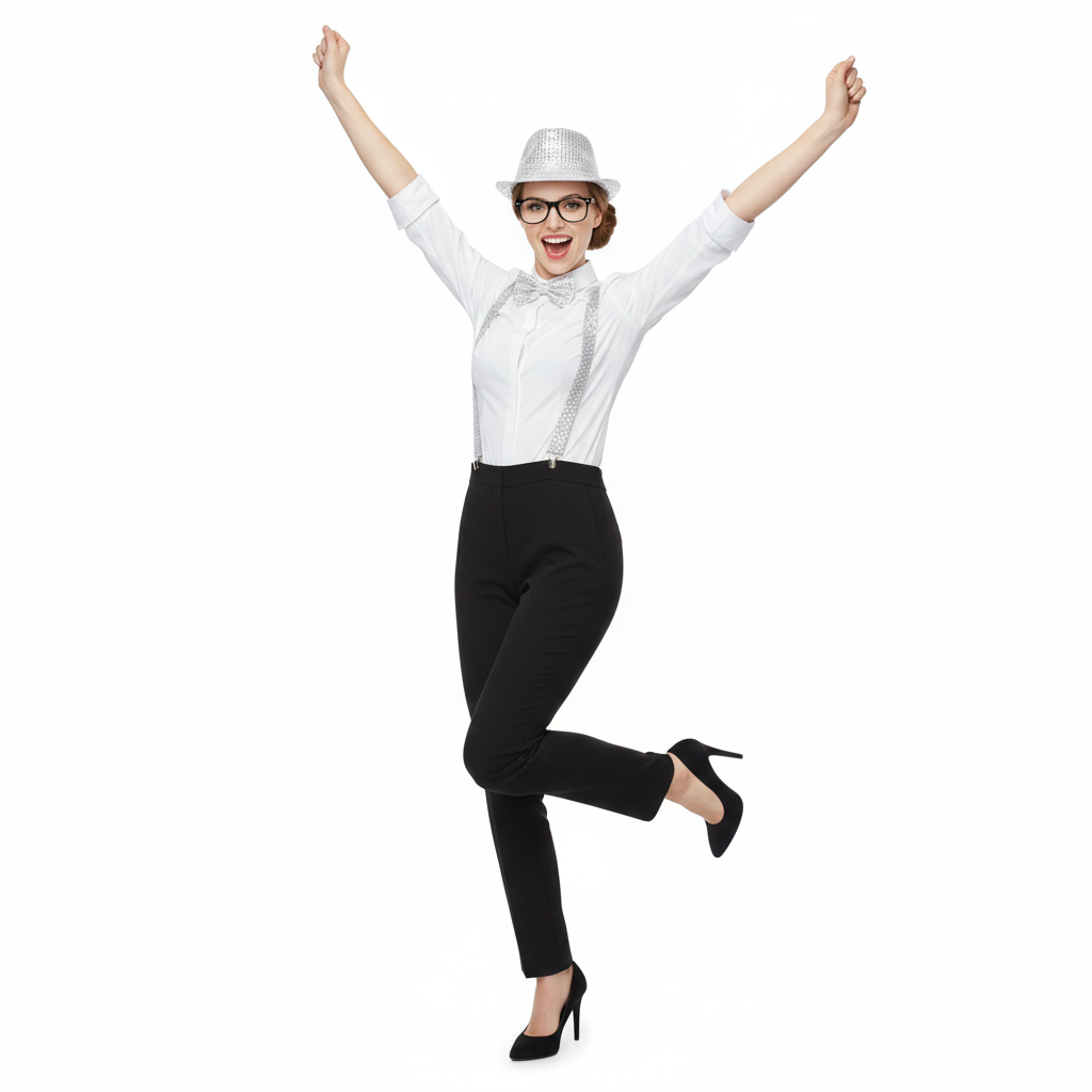 Silver New Year Party Accessory Set – Silver Suspenders, Silver Hat, Glasses & Silver Bow Tie for Adults