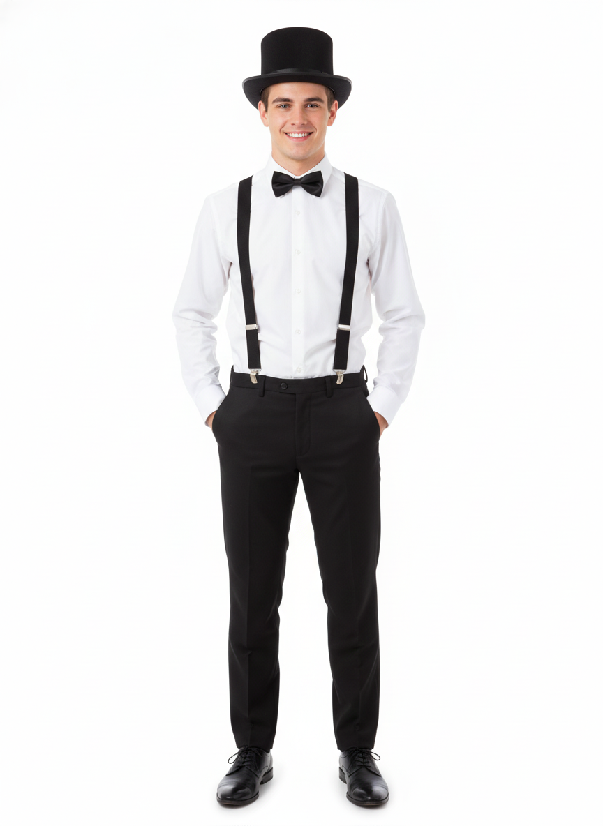 Black Bow Tie, Black Satin Top Hat & Black Braces Costume Set