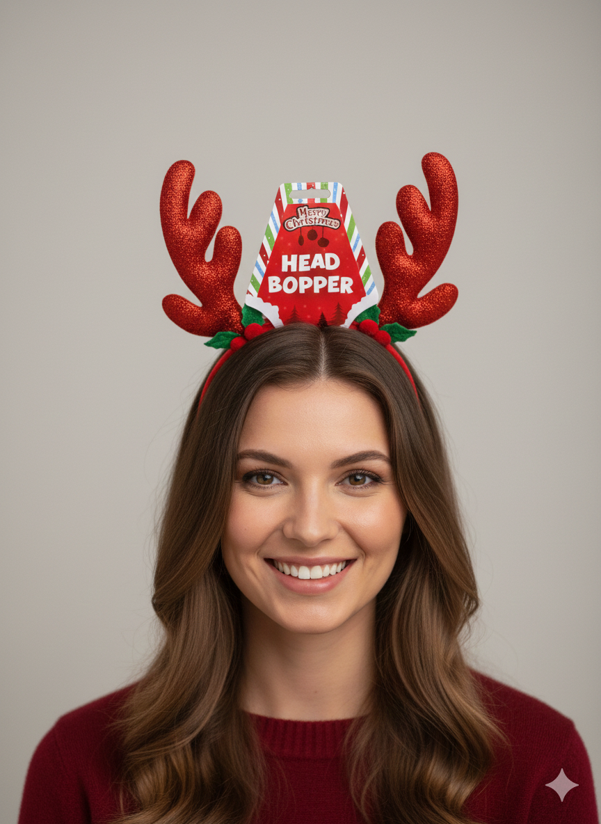 Christmas Glitter Reindeer Head Bopper – 16cm x 24cm Novelty Festive Antler Headband for Adults & Kids – 2 Assorted Designs Christmas Party Accessory