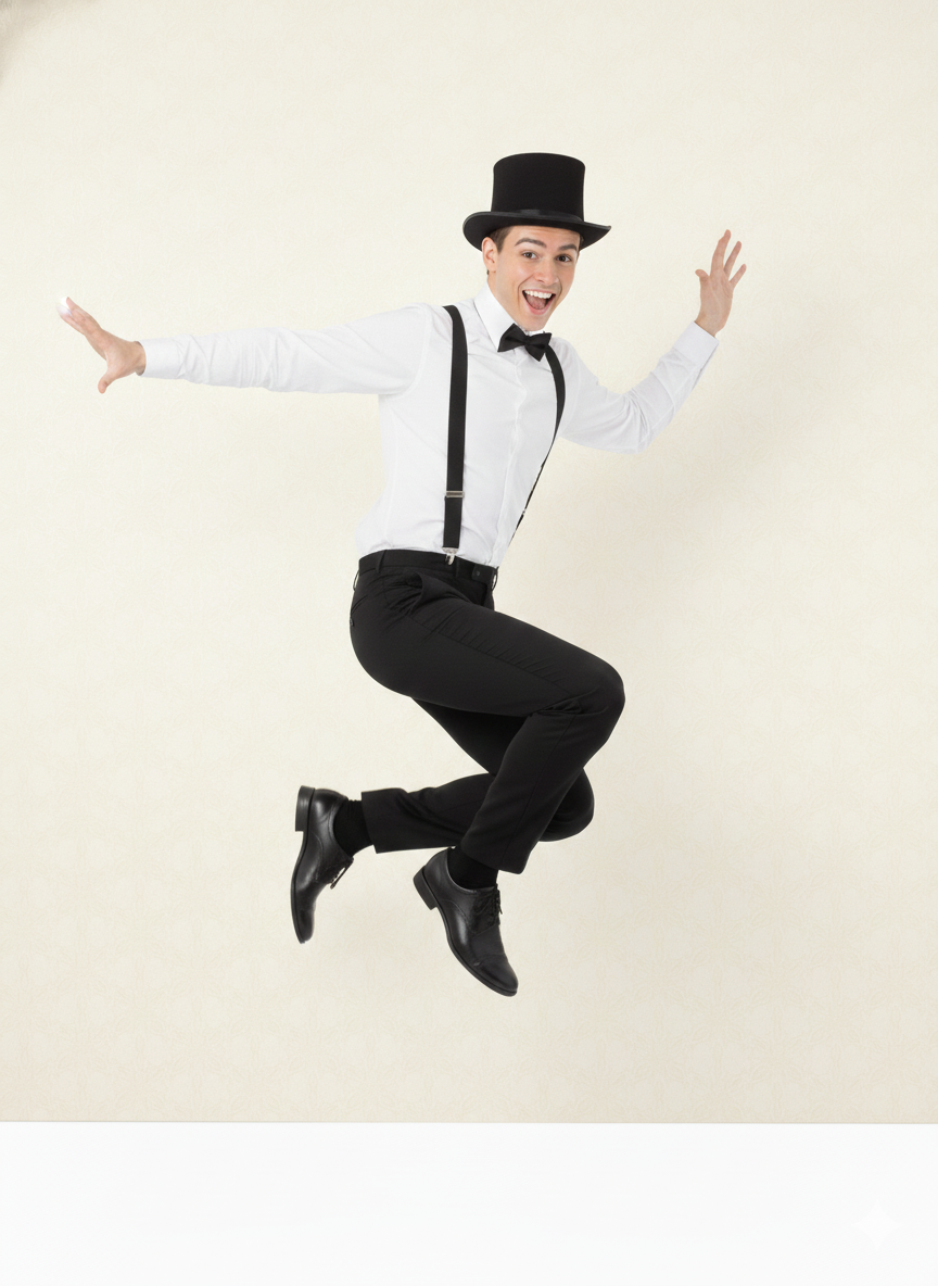 Black Bow Tie, Black Satin Top Hat & Black Braces Costume Set