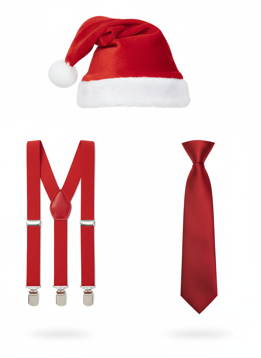 Labreeze Santa Helper Accessory Set – Red Suspenders, Red Tie & Santa Hat for Adults