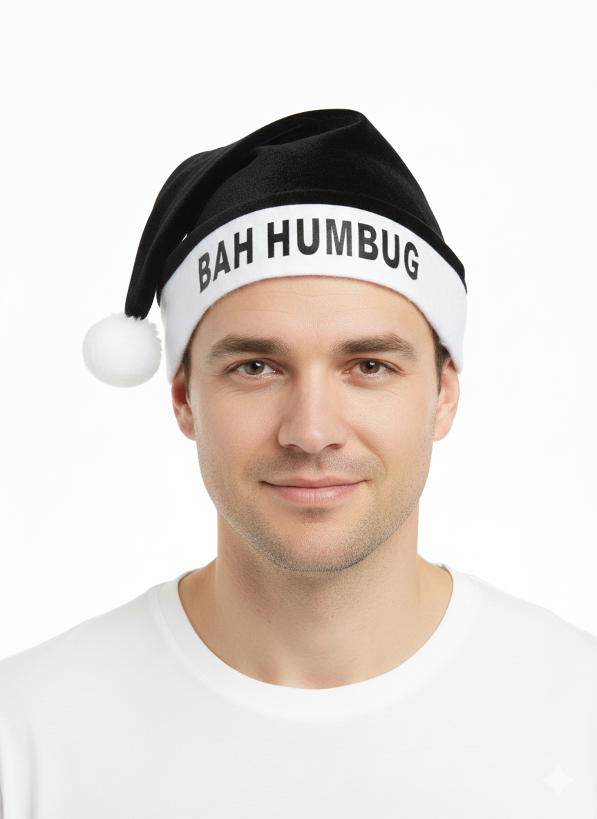 Bah Humbug Christmas Hat for Adults – Funny Novelty Festive Santa Hat – Soft Black & White Xmas Costume Accessory for Parties, Work Events, Office Dress-Up & Gifting