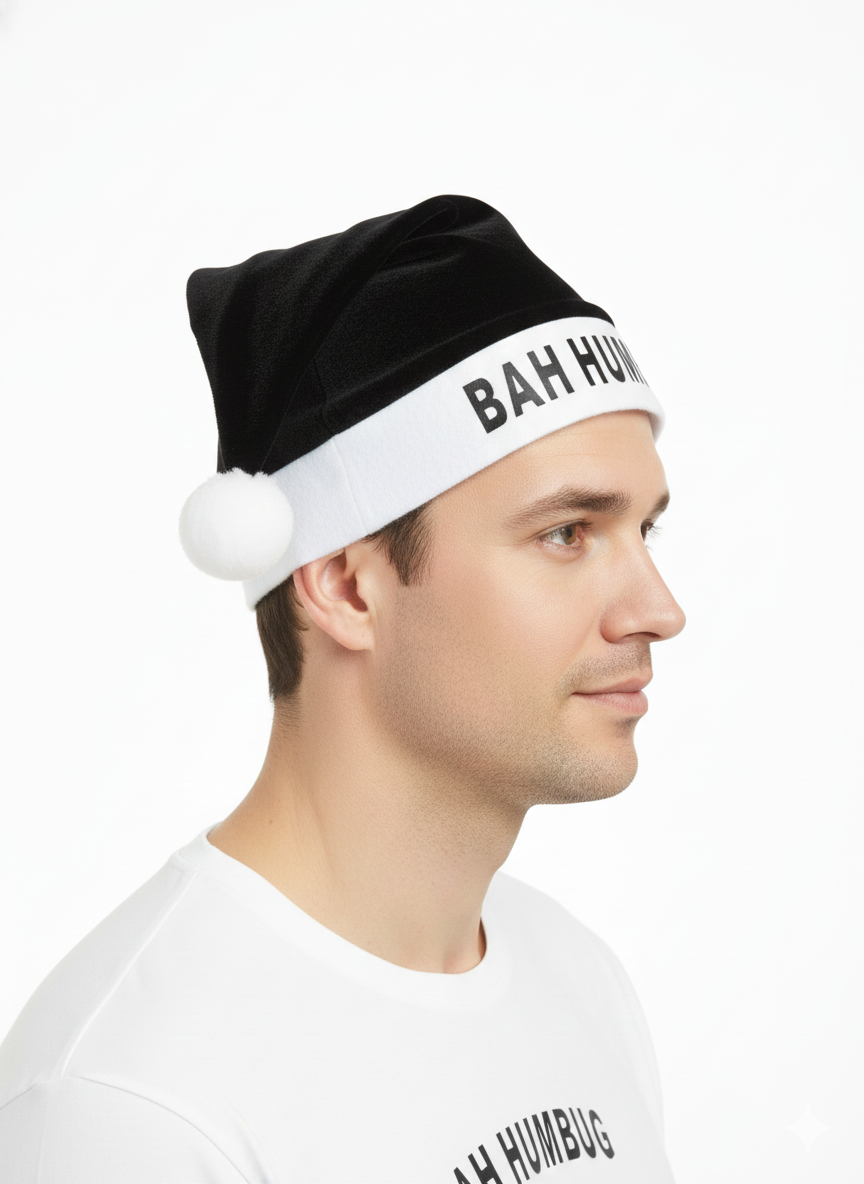Bah Humbug Christmas Hat for Adults – Funny Novelty Festive Santa Hat – Soft Black & White Xmas Costume Accessory for Parties, Work Events, Office Dress-Up & Gifting