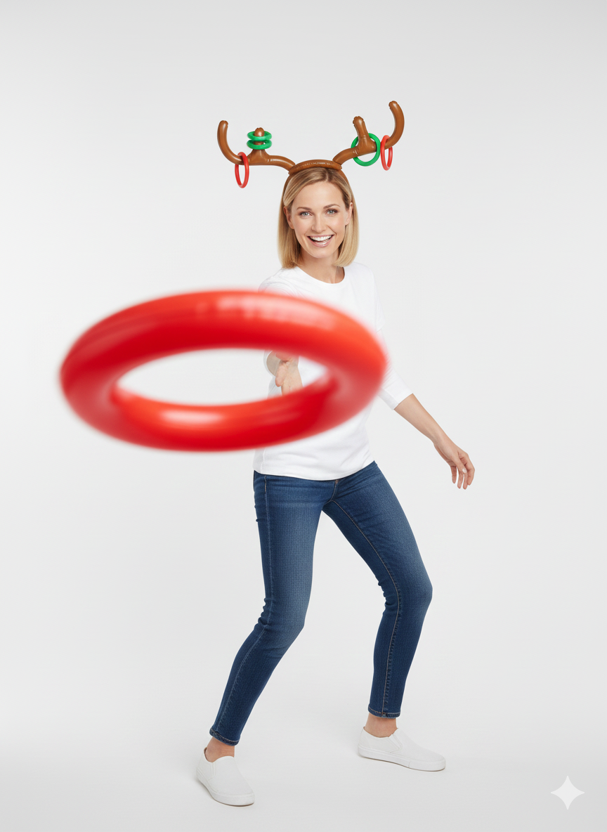 Inflatable Antler Game – 5 Piece Christmas Ring Toss Set for Kids & Adults – Reindeer Antler Headband with Throwing Rings – Fun Family Party Game for Xmas, School Events & Gatherings