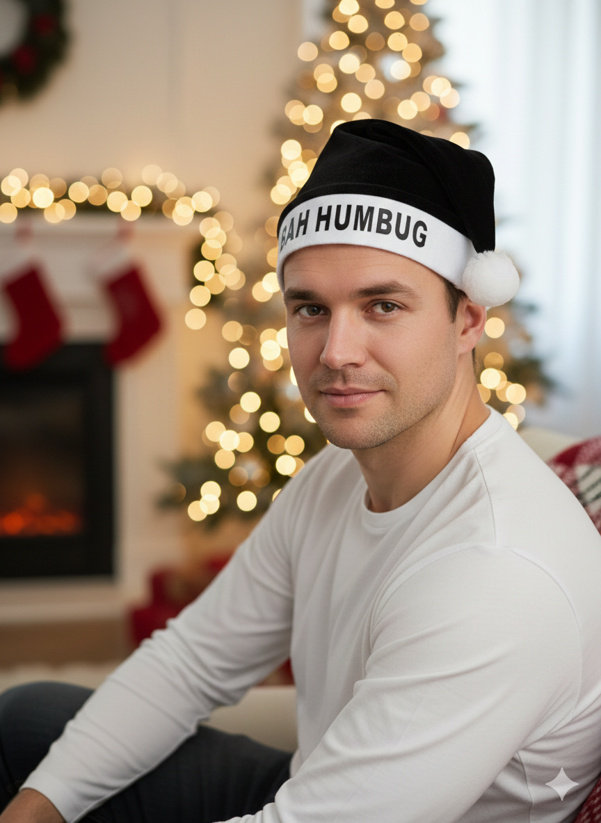 Bah Humbug Christmas Hat for Adults – Funny Novelty Festive Santa Hat – Soft Black & White Xmas Costume Accessory for Parties, Work Events, Office Dress-Up & Gifting