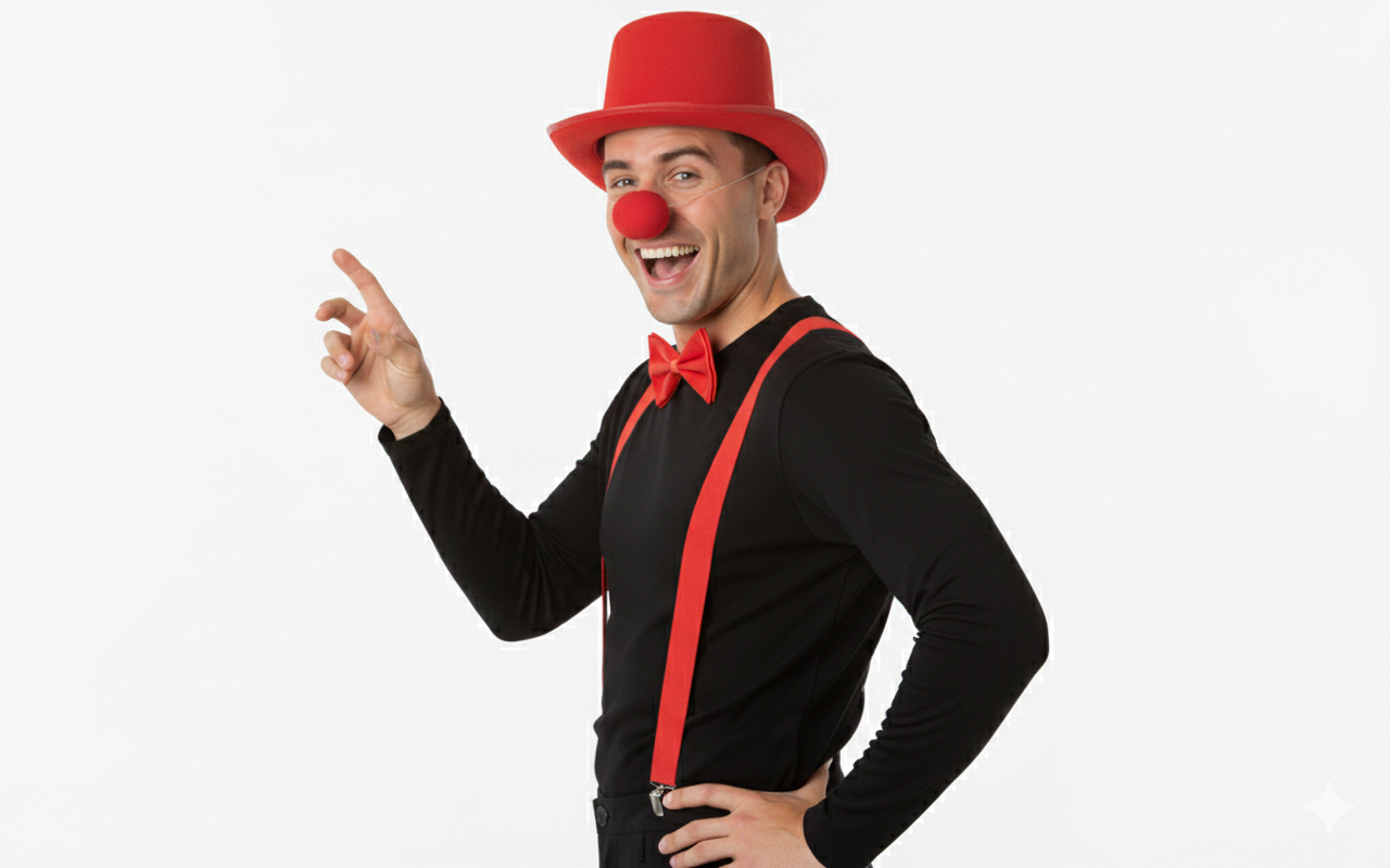 Red Nose Day Red Satin Hat, Braces, Nose & Bow Tie Costume Set