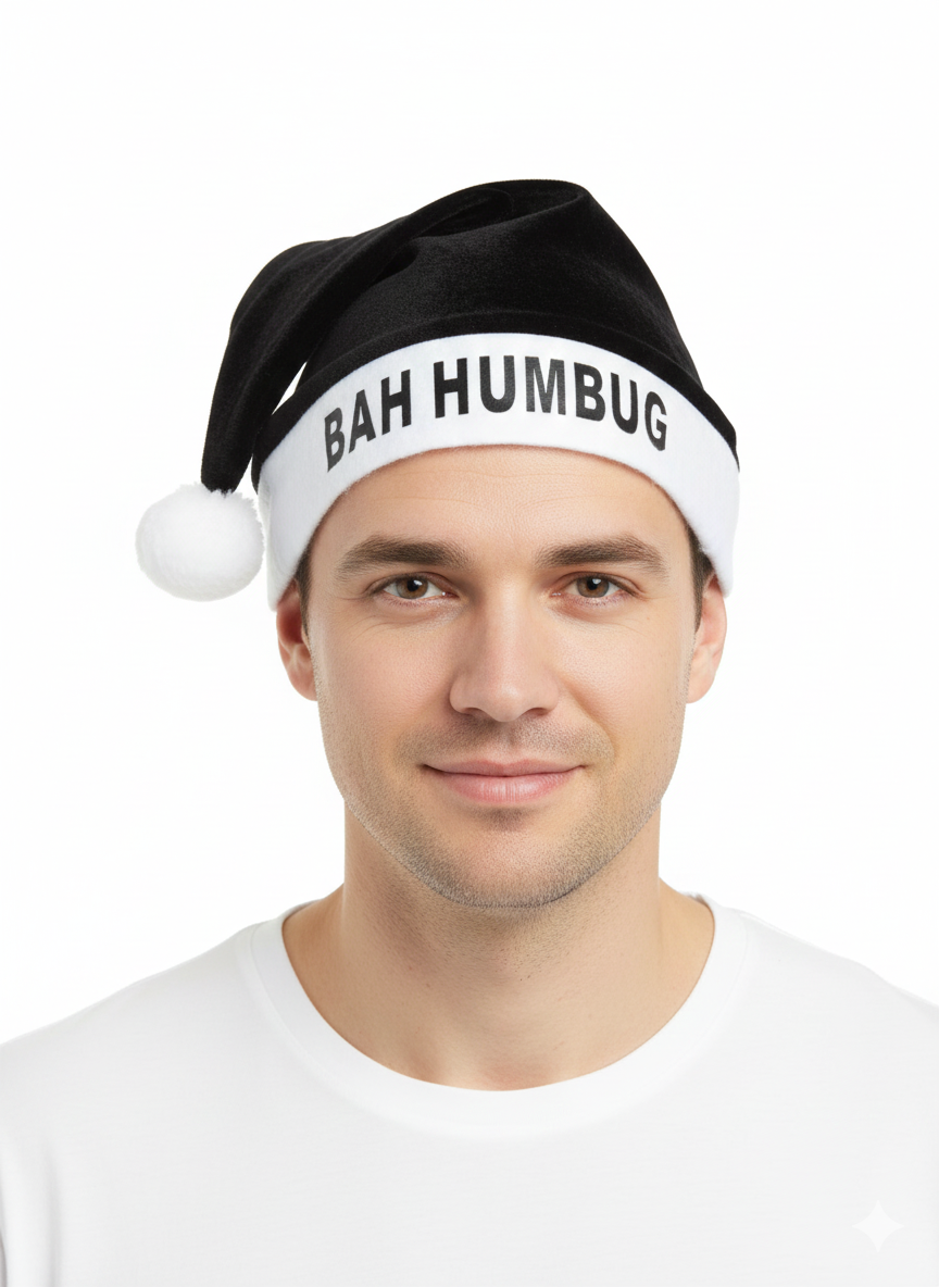 Bah Humbug Christmas Hat for Adults – Funny Novelty Festive Santa Hat – Soft Black & White Xmas Costume Accessory for Parties, Work Events, Office Dress-Up & Gifting