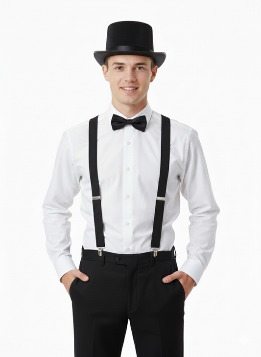 Black Bow Tie, Black Satin Top Hat & Black Braces Costume Set
