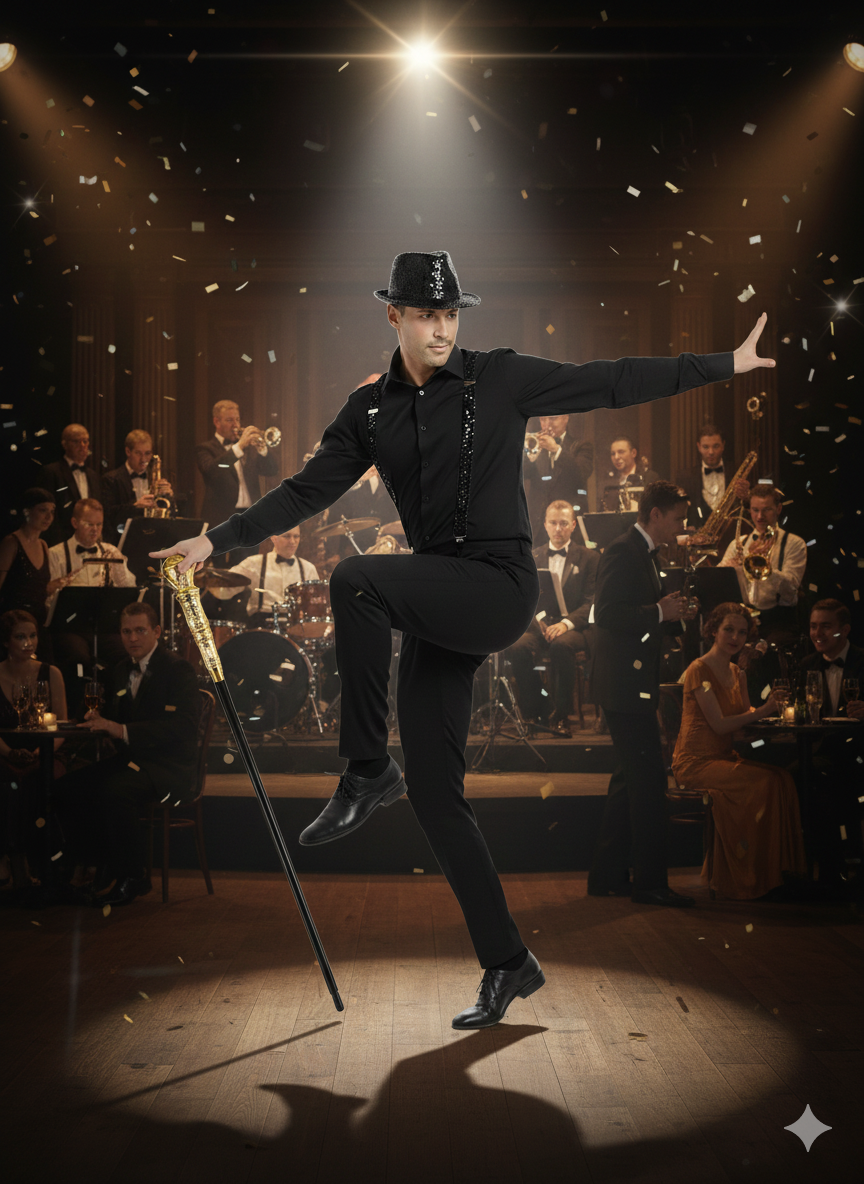labreeze Black Sequin Gangster Hat with Matching Braces and Gold Pimp Stick – Adult Christmas Fancy Dress Accessory Set