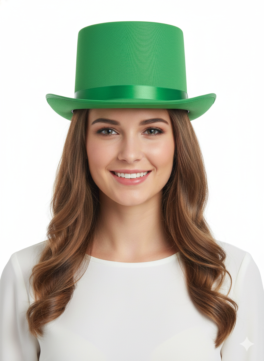 Adults Green Satin Top Hat with Ribbon – Fancy Dress Party Hat