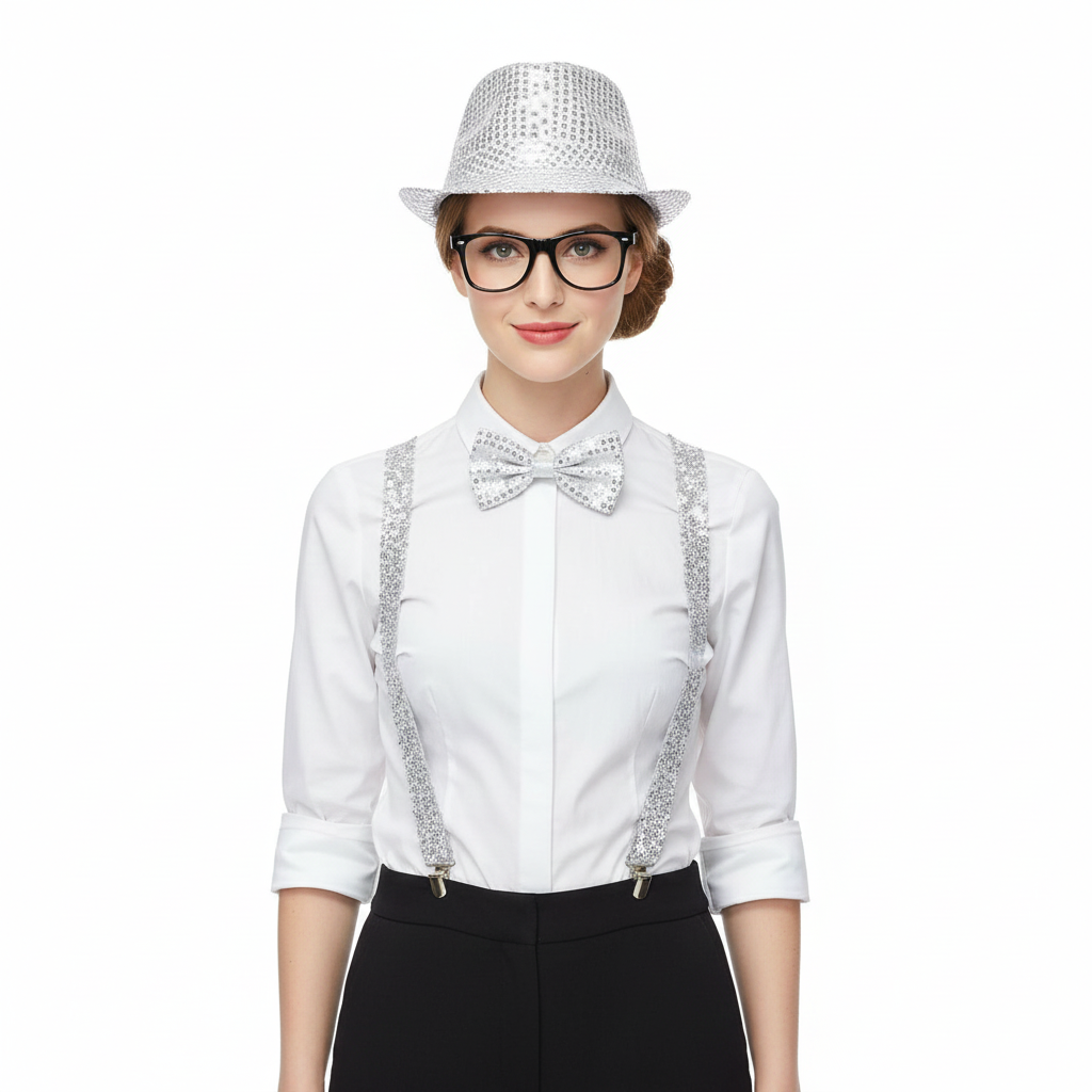 Silver New Year Party Accessory Set – Silver Suspenders, Silver Hat, Glasses & Silver Bow Tie for Adults