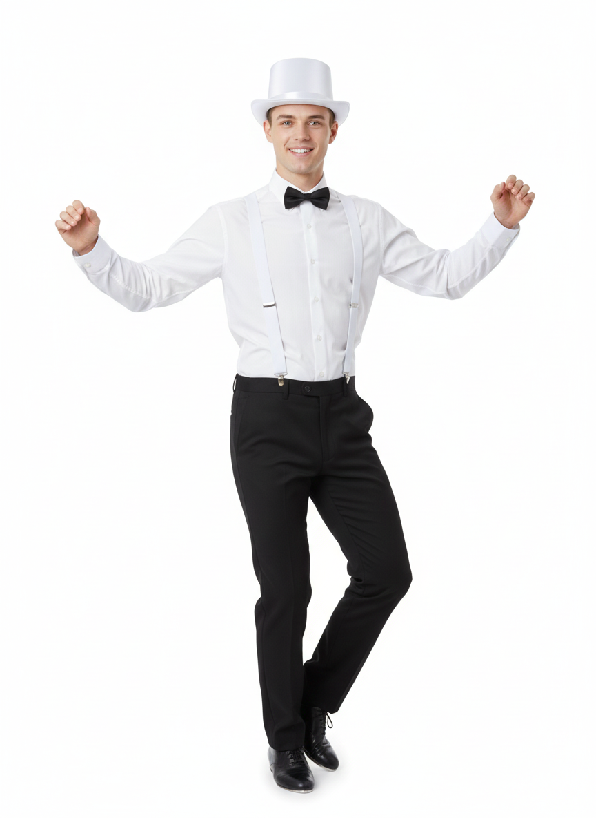Black Bow Tie, White Satin Top Hat & White Braces Costume Set