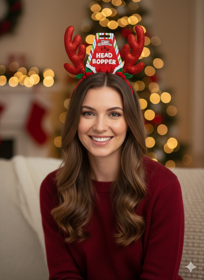 Christmas Glitter Reindeer Head Bopper – 16cm x 24cm Novelty Festive Antler Headband for Adults & Kids – 2 Assorted Designs Christmas Party Accessory