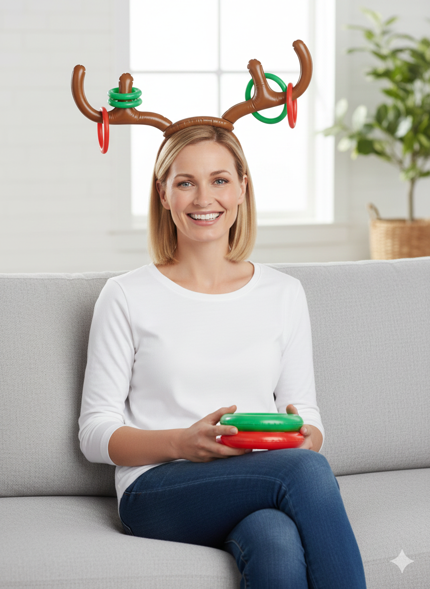 Inflatable Antler Game – 5 Piece Christmas Ring Toss Set for Kids & Adults – Reindeer Antler Headband with Throwing Rings – Fun Family Party Game for Xmas, School Events & Gatherings