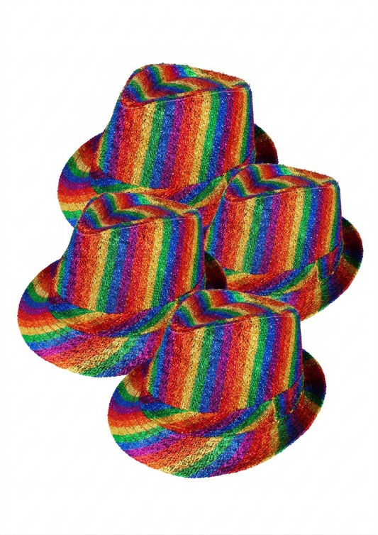 labreeze Set of 4 Rainbow Pride Metallic Tinsel Trilby Hats for Adults – Sparkly Festival Fancy Dress Hats