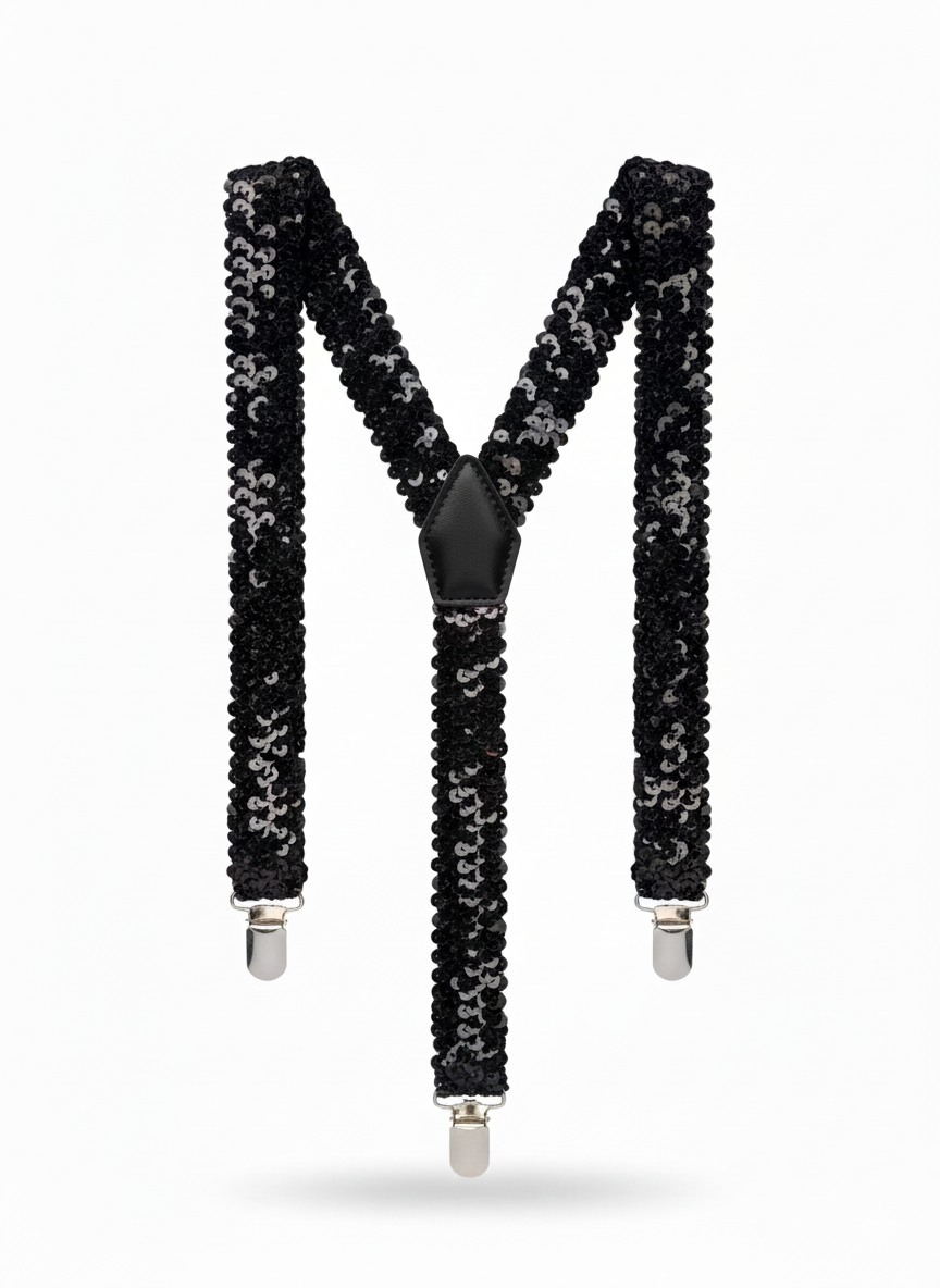 labreeze Black Sequin Gangster Hat with Matching Braces and Silver Pimp Stick – Adult Christmas Fancy Dress Accessory Set