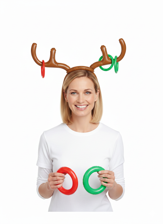 Inflatable Antler Game – 5 Piece Christmas Ring Toss Set for Kids & Adults – Reindeer Antler Headband with Throwing Rings – Fun Family Party Game for Xmas, School Events & Gatherings