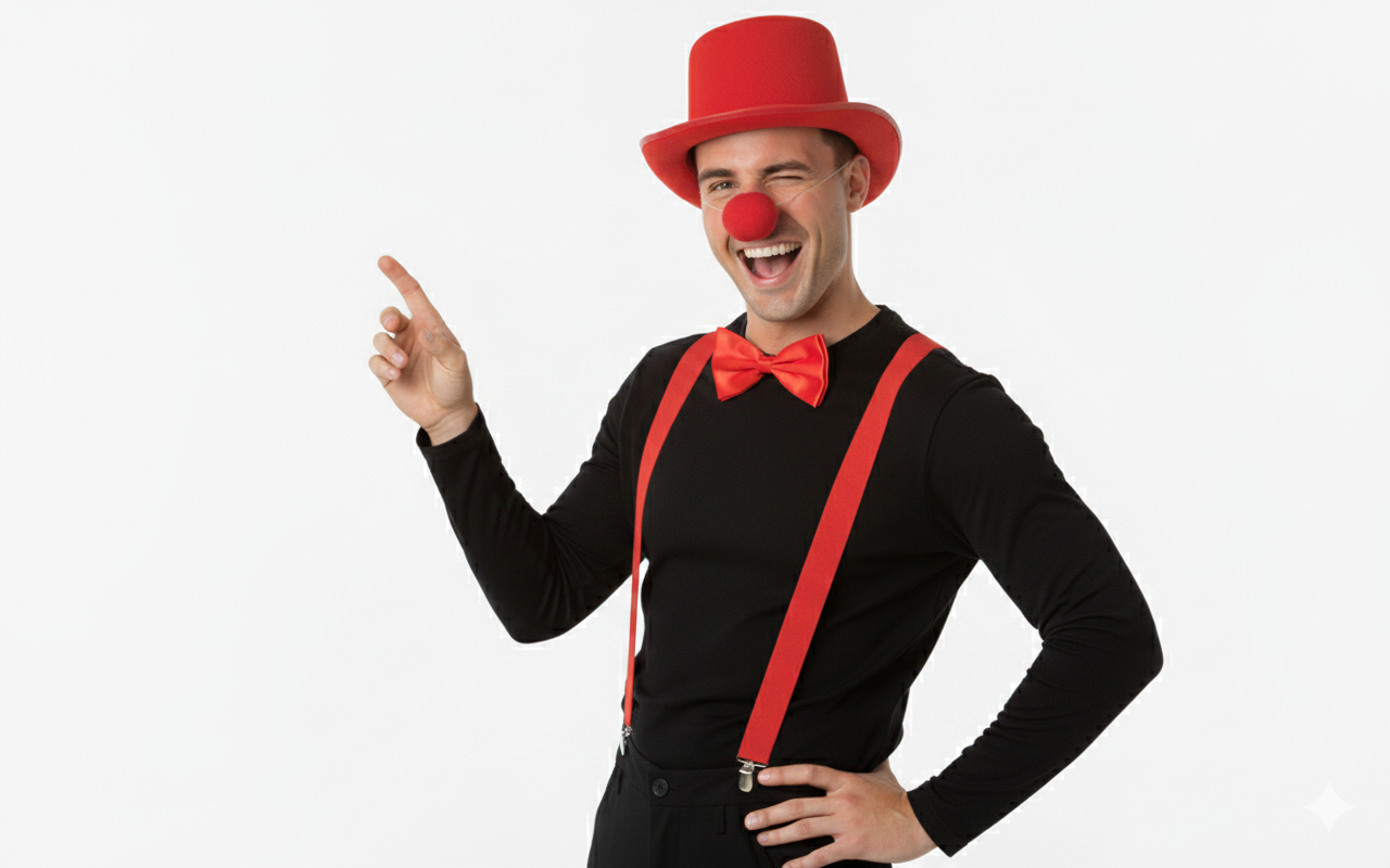 Red Nose Day Red Satin Hat, Braces, Nose & Bow Tie Costume Set
